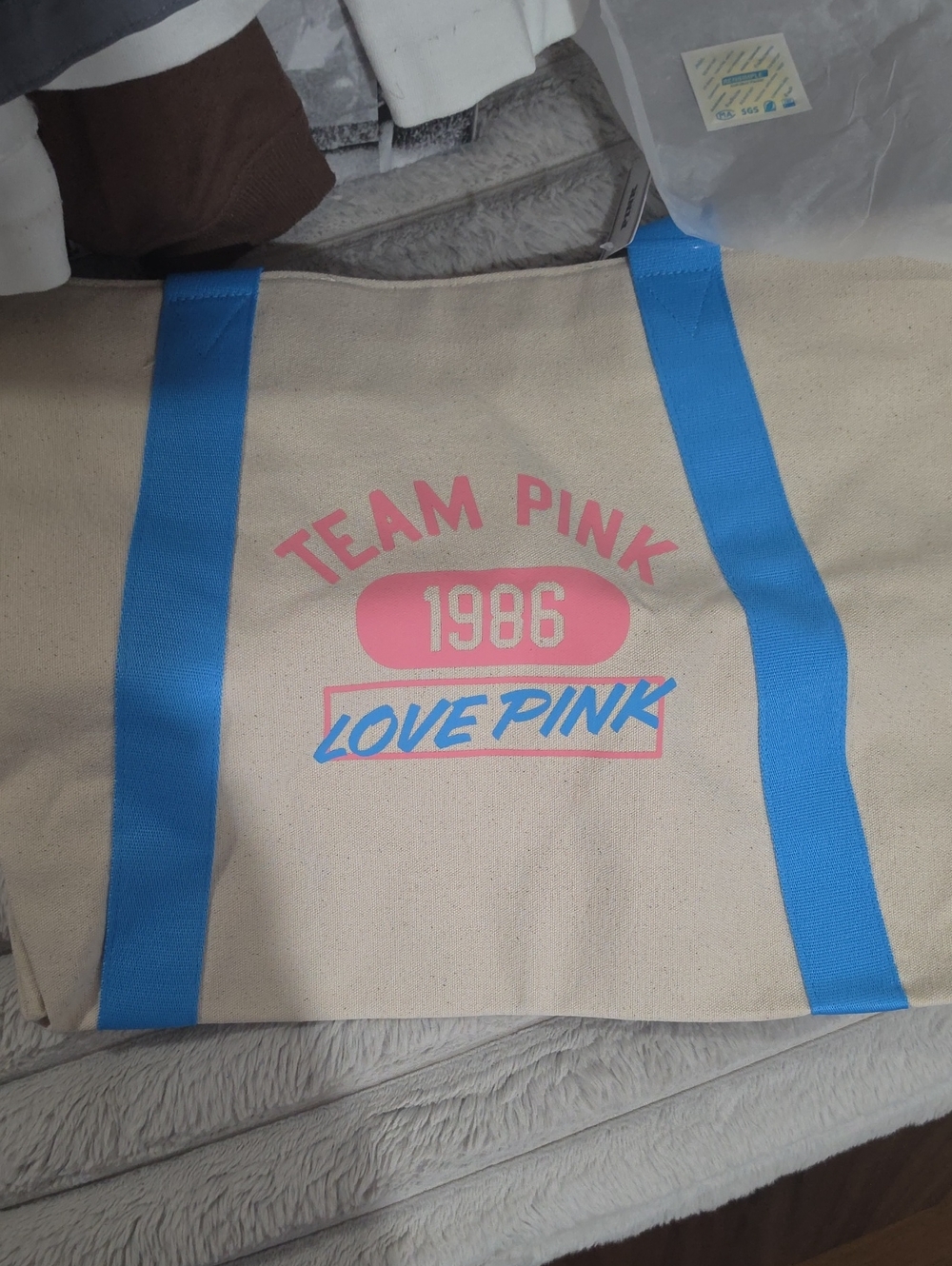PINK Victoria's Secret Canvas Tote with Blue Straps & Pink Graphics